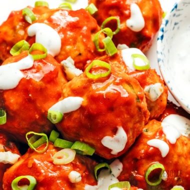Buffalo chicken meatballs close up.