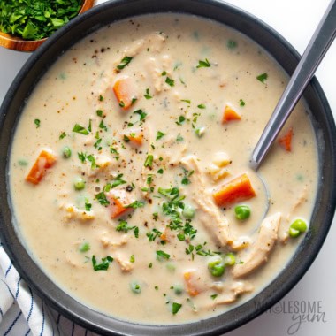 Creamy chicken soup in a bowl.