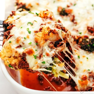 Ground beef casserole scooped up to serve.