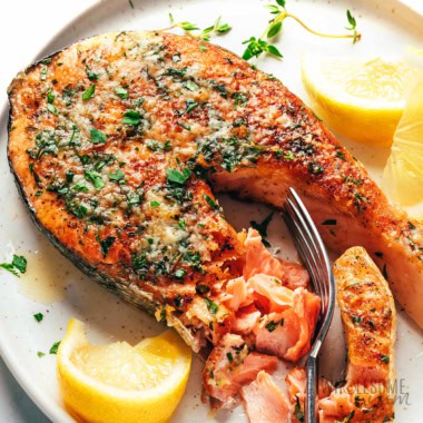 Salmon steak on a plate.